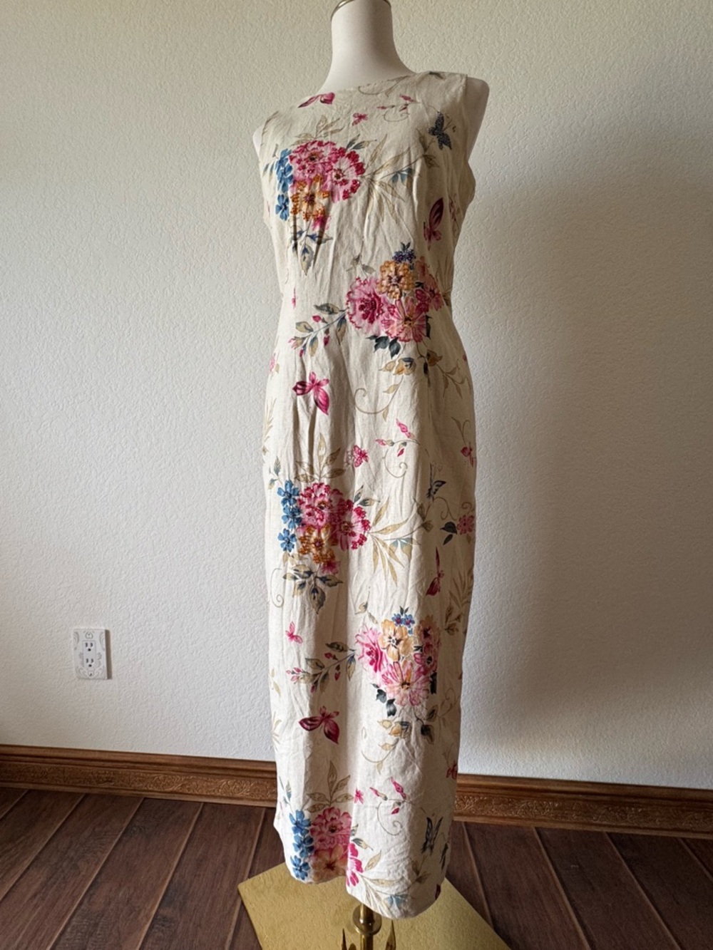 Ultra Dress Collection Cream Floral Midi Dress with Pink & Blue Blooms